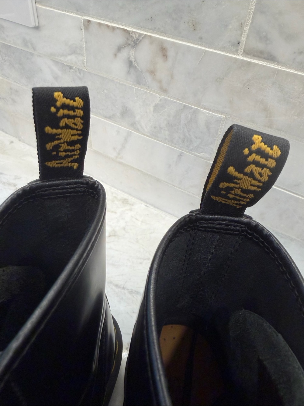 Dr. Martens Black Lace-Up Leather Combat Boots with Yellow Stitching - Picture 14 of 16